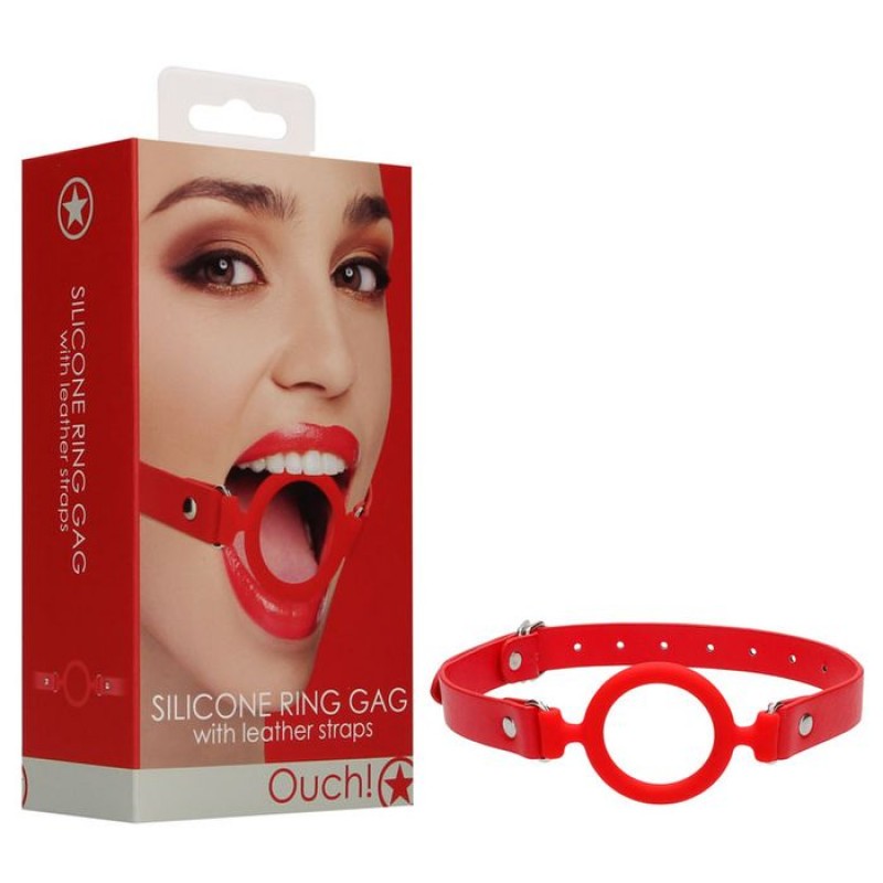Ouch! Silicone Ring Gag with Leather Strap - Red